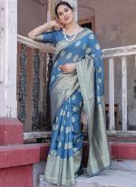 Chanderi Silk Sea Blue Festival Wear Weaving Saree